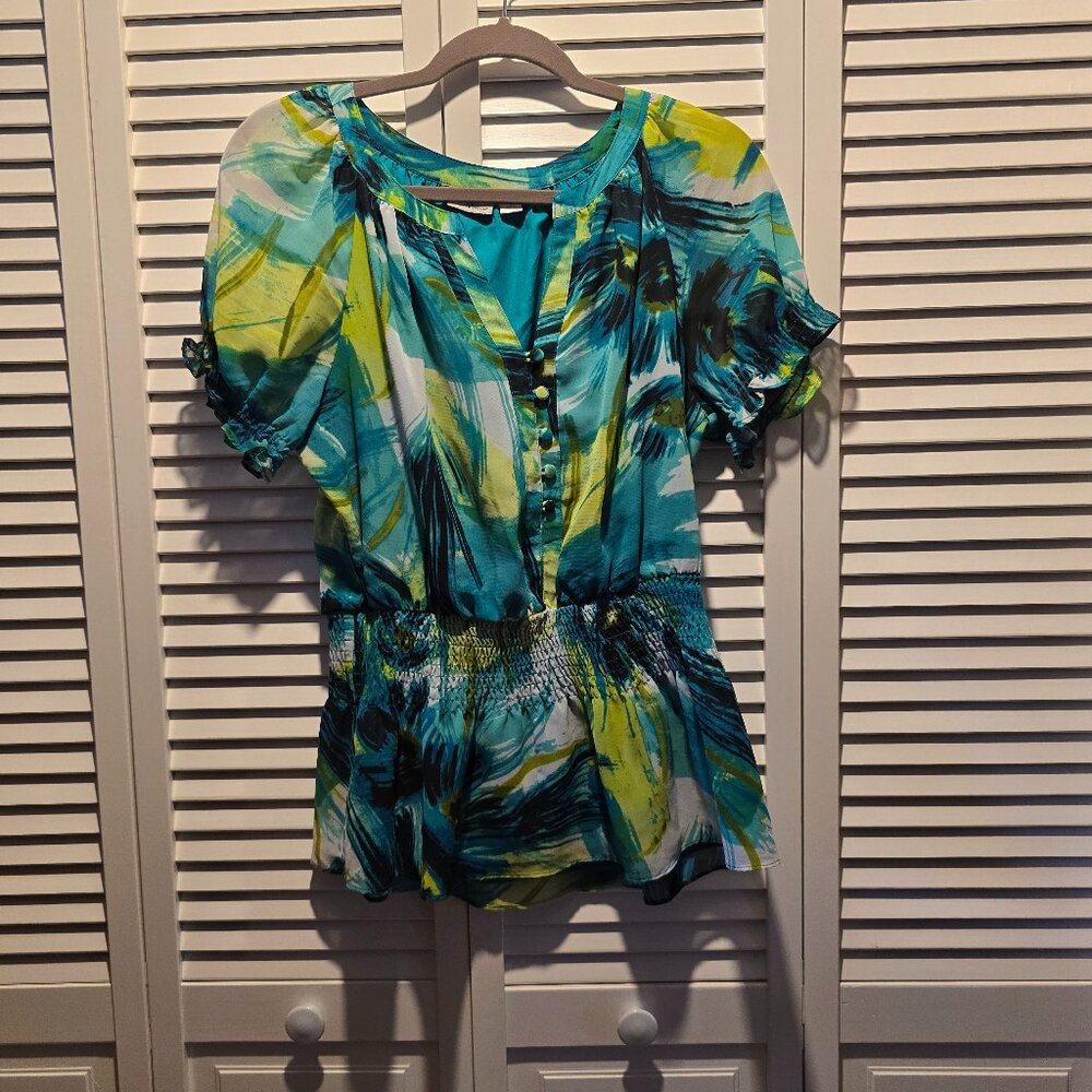 Worthington Abstract Tunic Ruched Waist & Sleeve Blouse